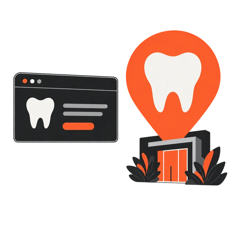 Uma linha liga o site odontológico à porta da clínica, destacada por um pin com um dente.