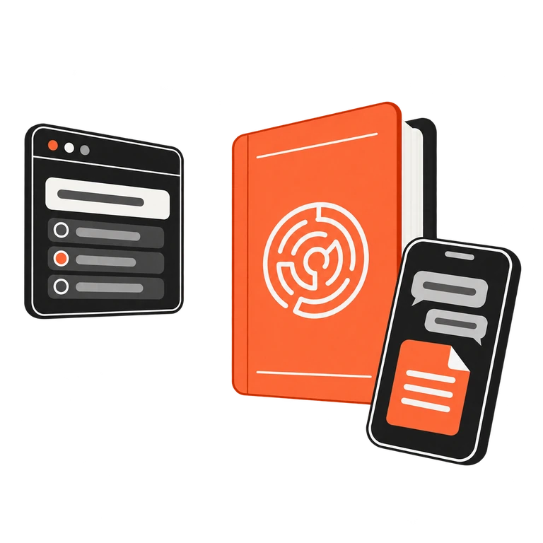 Tela do quiz, treinamento digital e celular com atendimento, ligados por uma elipse laranja.